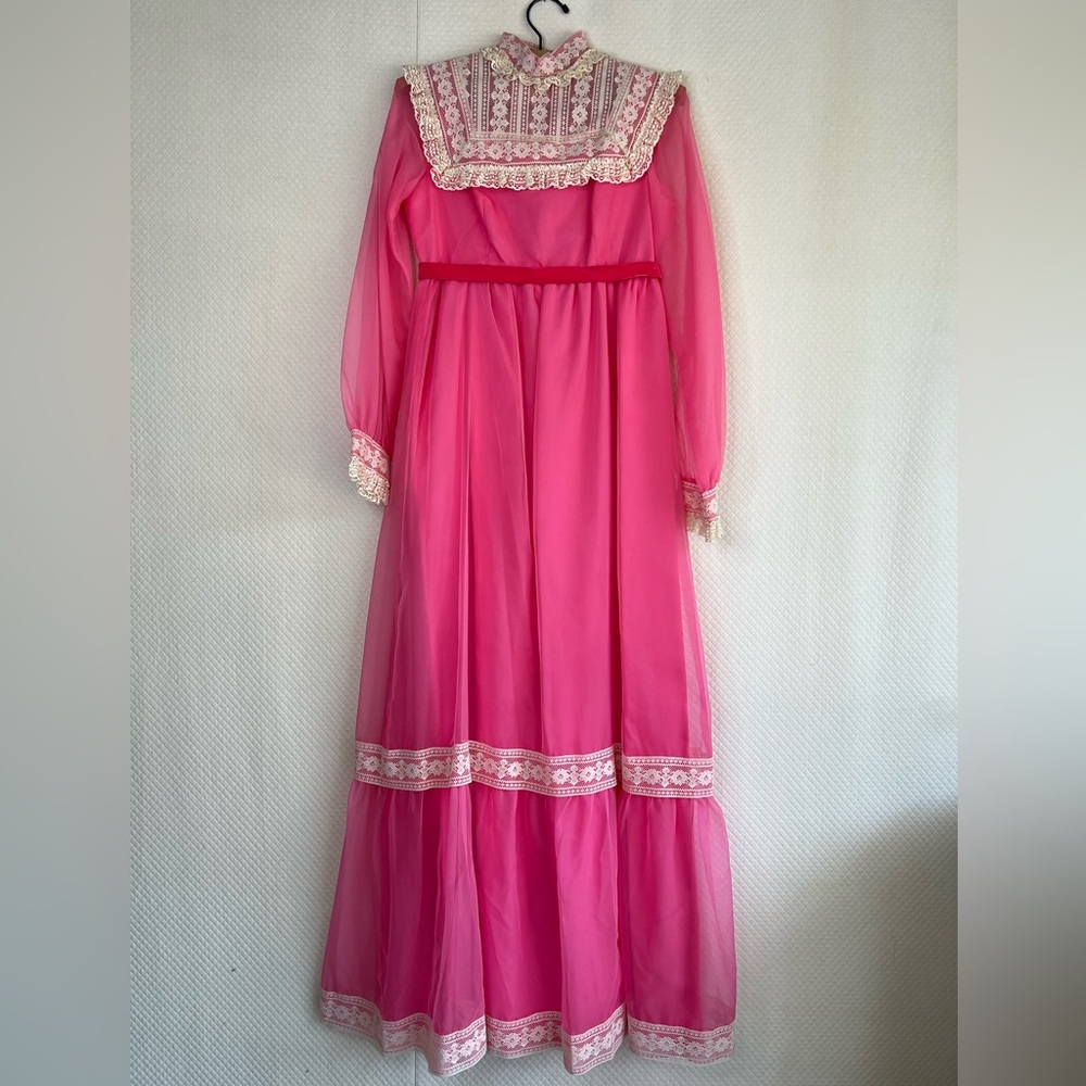 70s Vintage Long  Sleeve Ruffle Lace Cottagecore Maxi Dress